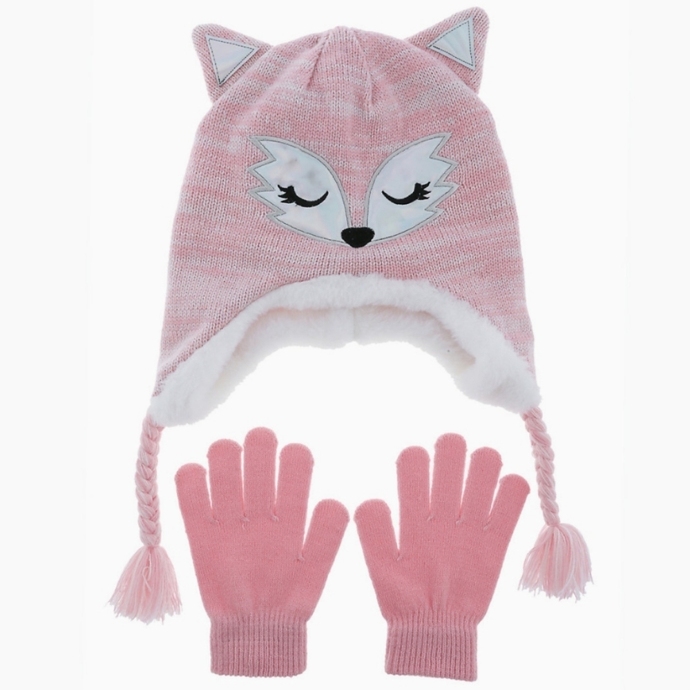 SO Girls 4-16 Fox Critter Hat & Gloves Set